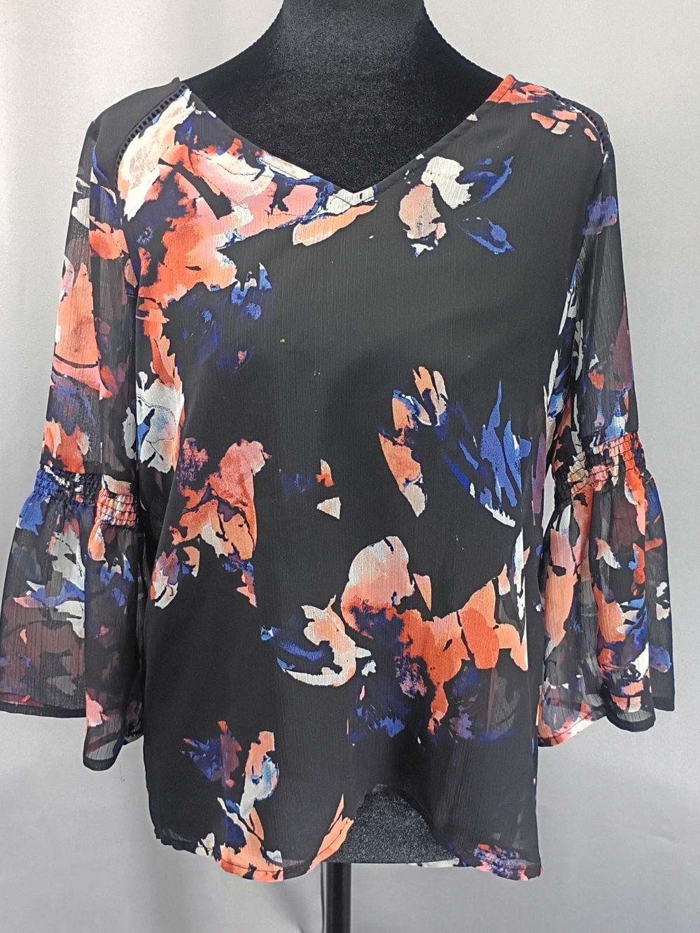 Apt. 9 Black Sheer Blouse with Coral & Blue Abstract Floral S